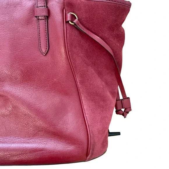 Fossil Charli Leather and Suede Tote Bag Triple Compartment Red Shoulder Bag - Picture 13 of 16